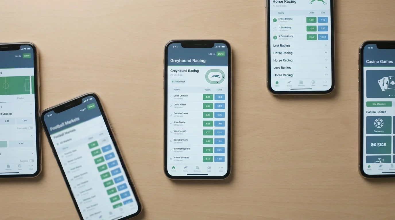 Multiple bookmaker apps open on a phone showing greyhound racing markets