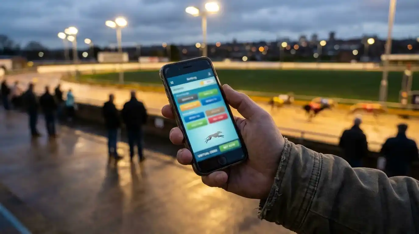 Punter checking greyhound odds on a mobile phone at the track