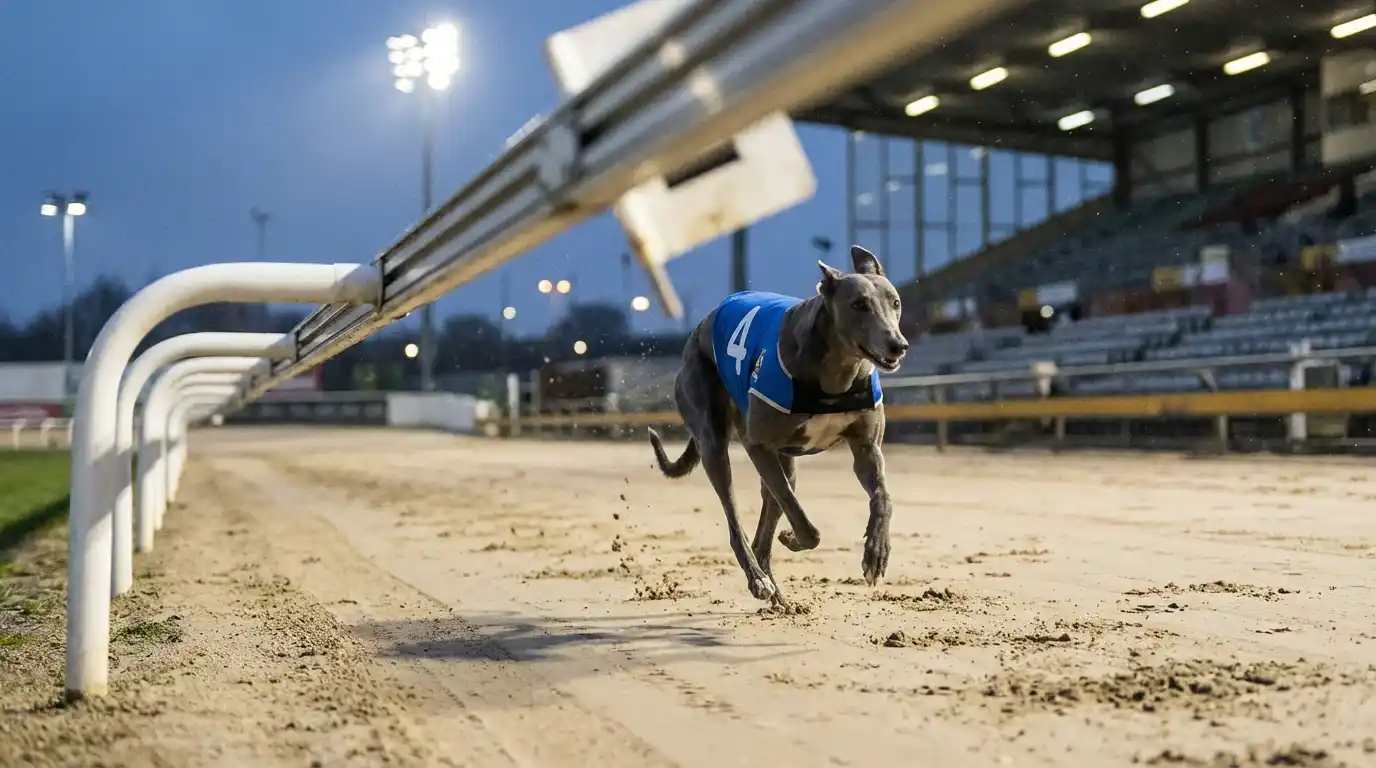 Greyhound crossing the finish line in second place at a UK track