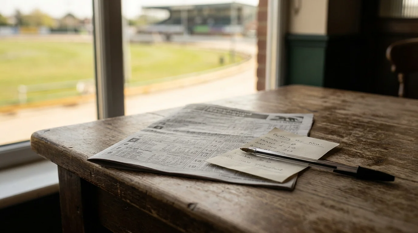Greyhound bet types explained — betting slip and racecard on a table beside a greyhound track