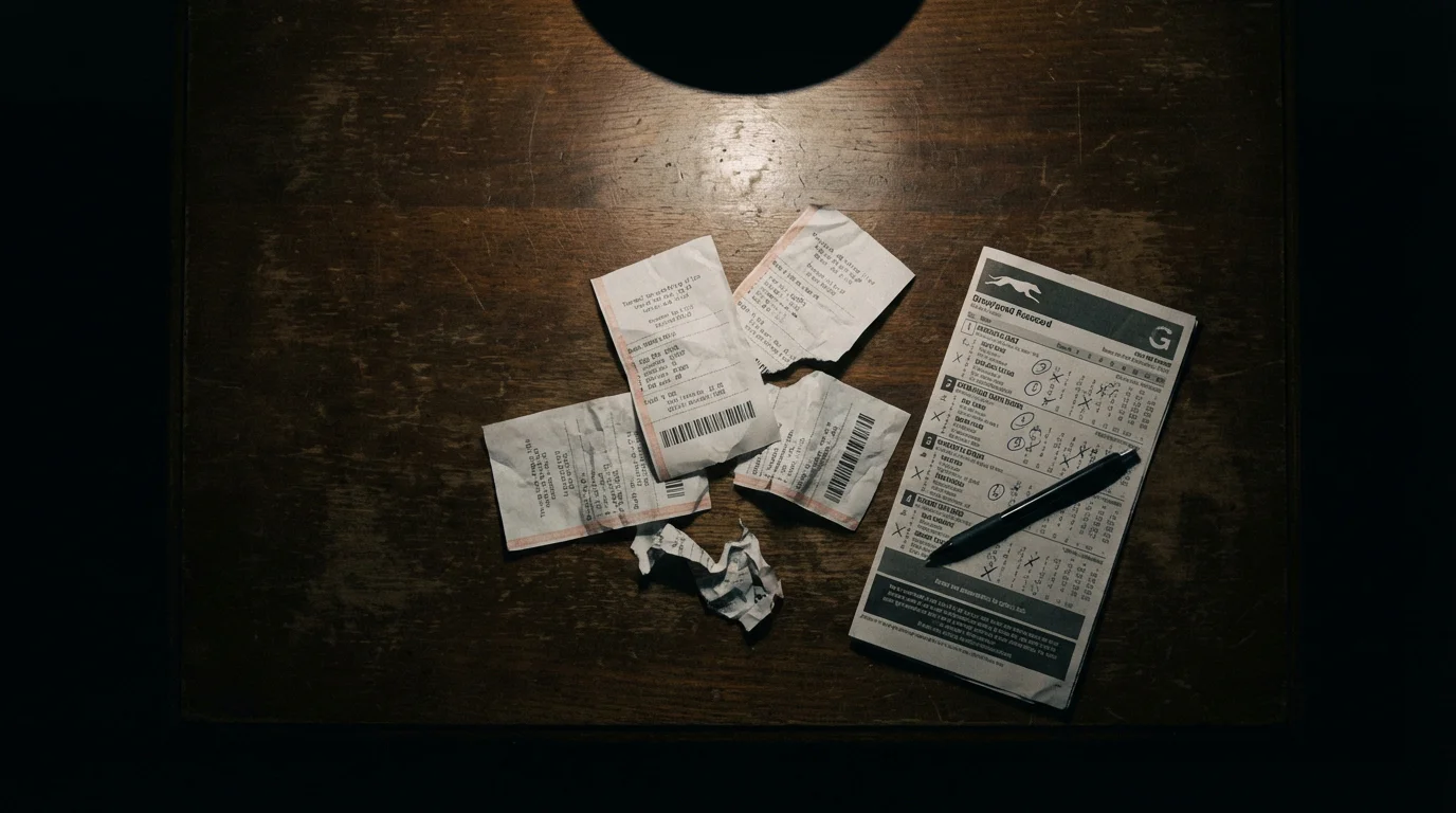 Crumpled losing betting slips on a table beside a greyhound racecard
