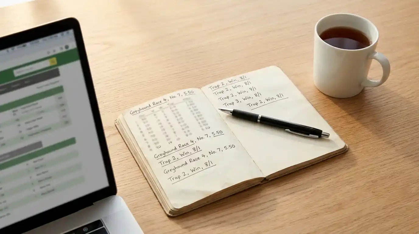 Greyhound betting strategy — notebook with handwritten notes and a pen on a desk beside a laptop