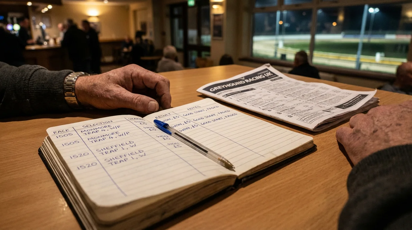 Punter reviewing greyhound form notes and race results in a notebook at a track