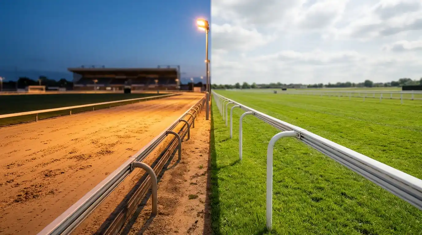 Split scene showing a greyhound track on one side and a horse racing course on the other