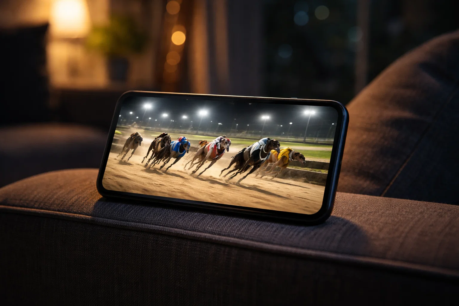 Floodlit greyhound stadium during a major race night with spectators trackside