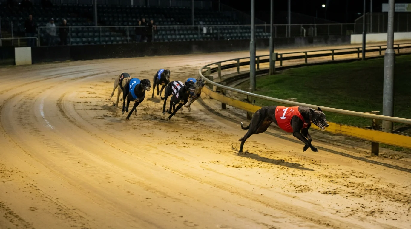 Greyhound leading the pack at the first bend of a race