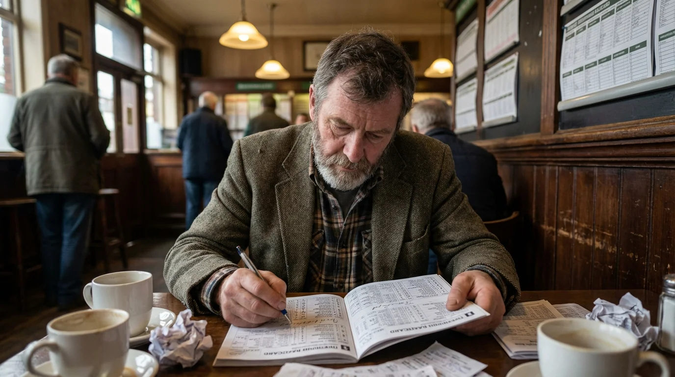 Punter studying a greyhound racecard before placing a forecast bet