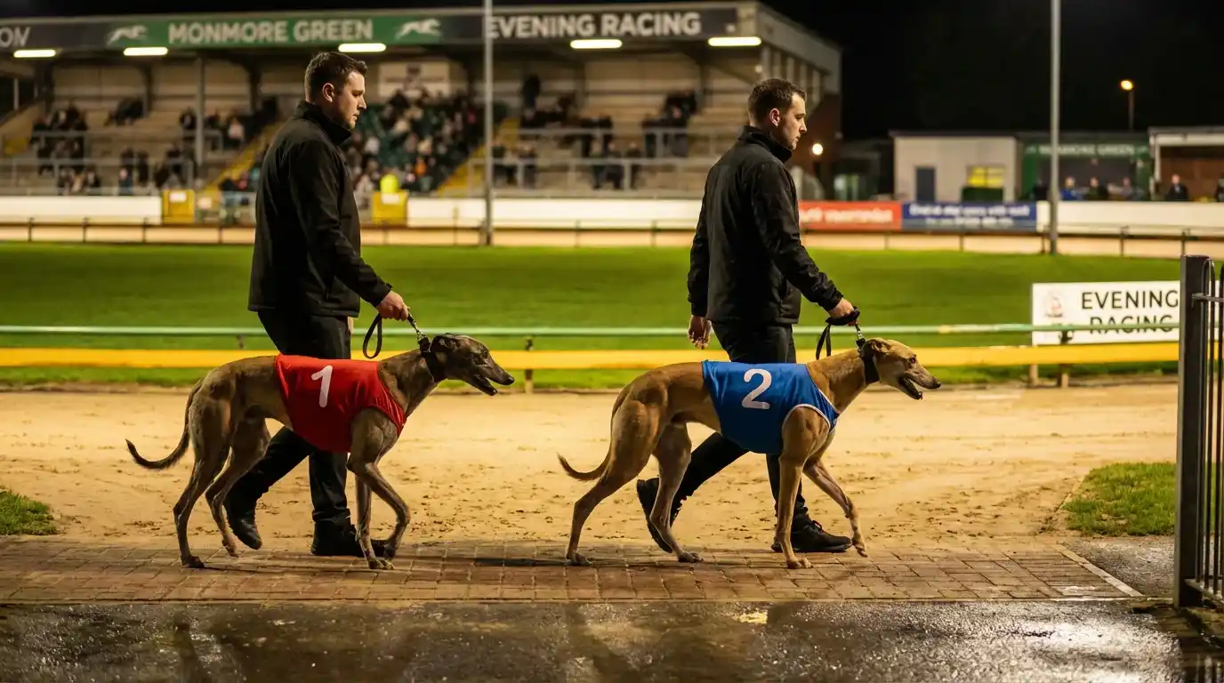 Greyhound trainers walking dogs in the parade ring before a graded race