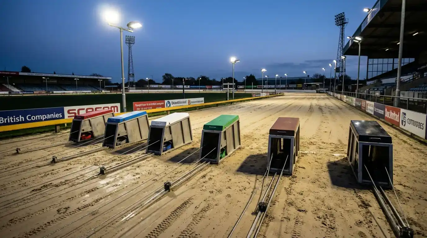 Greyhounds bursting from staggered starting traps at a UK track