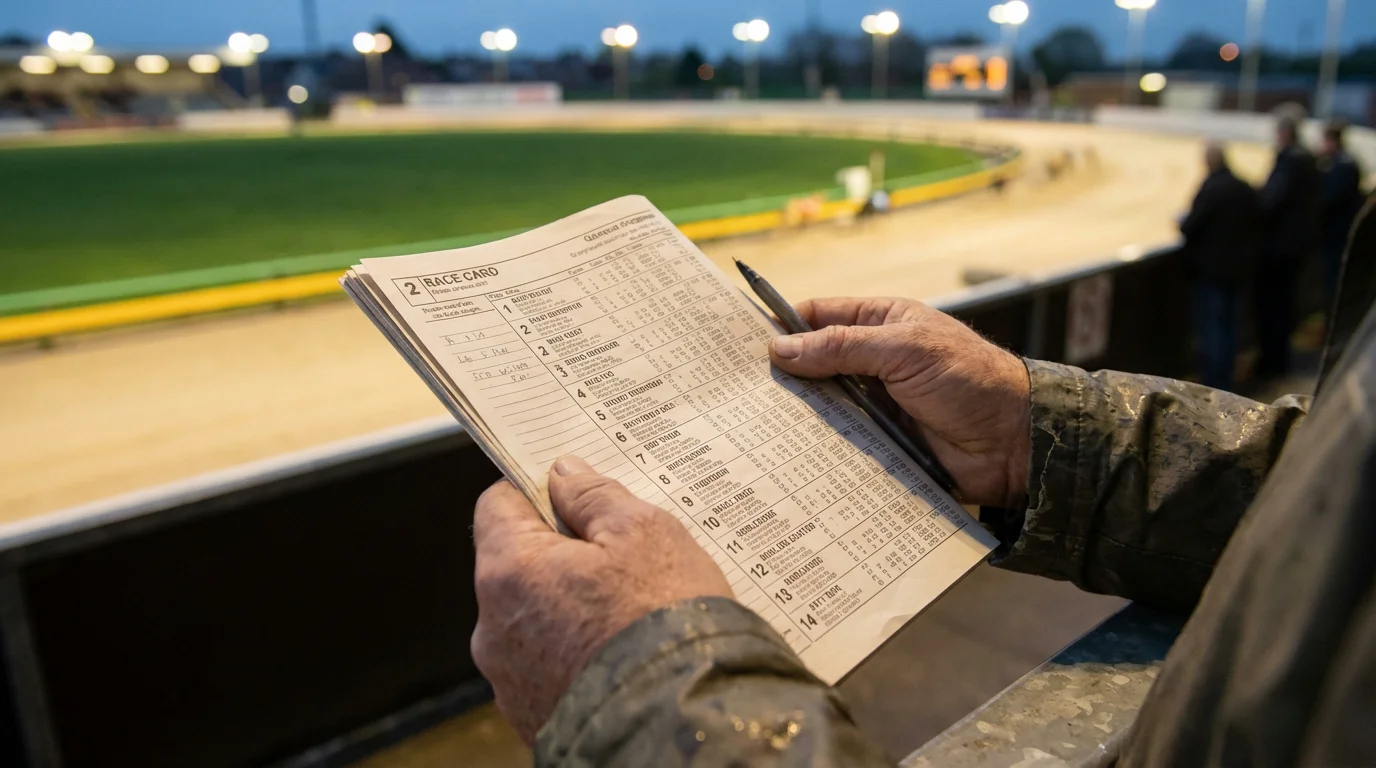 Greyhound race card showing form figures, trap draw, and finishing times