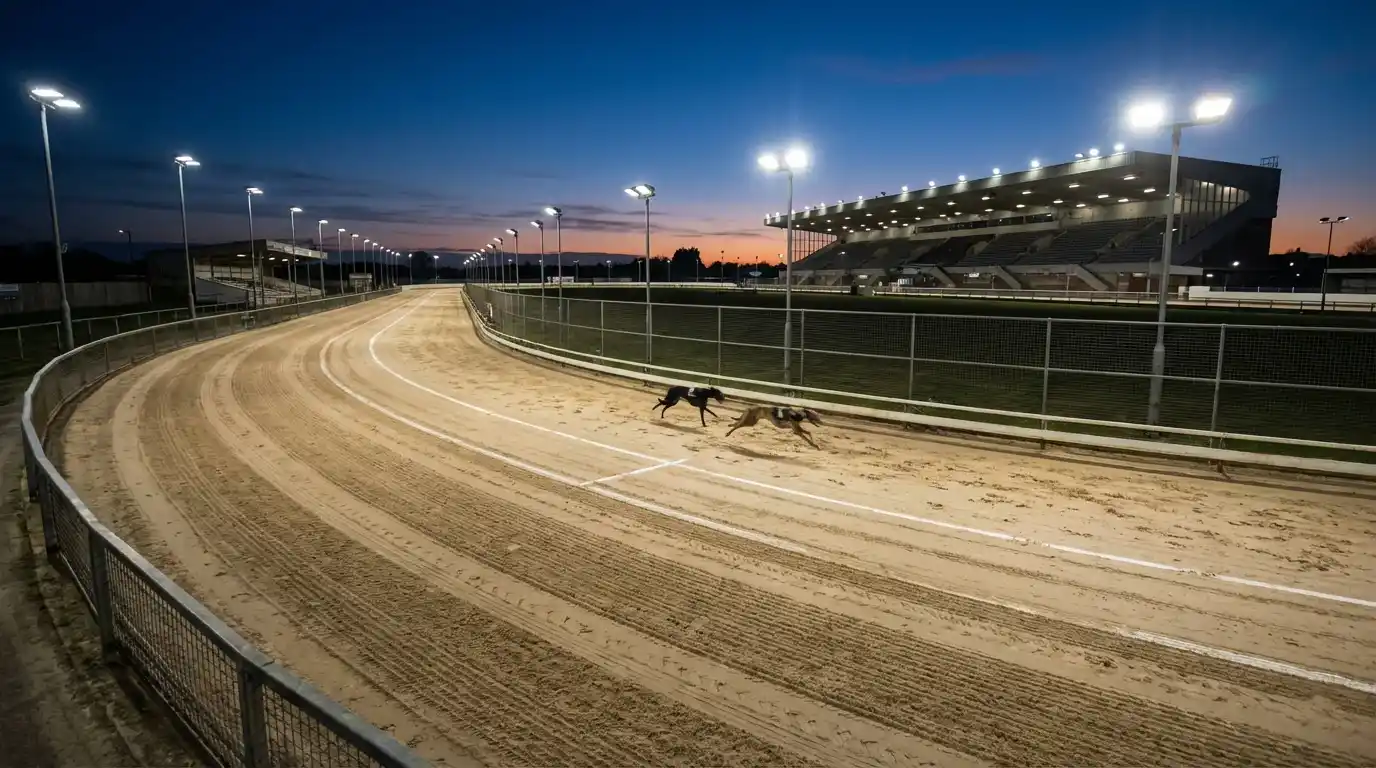 Greyhound racing around a wide bend on a long-distance track