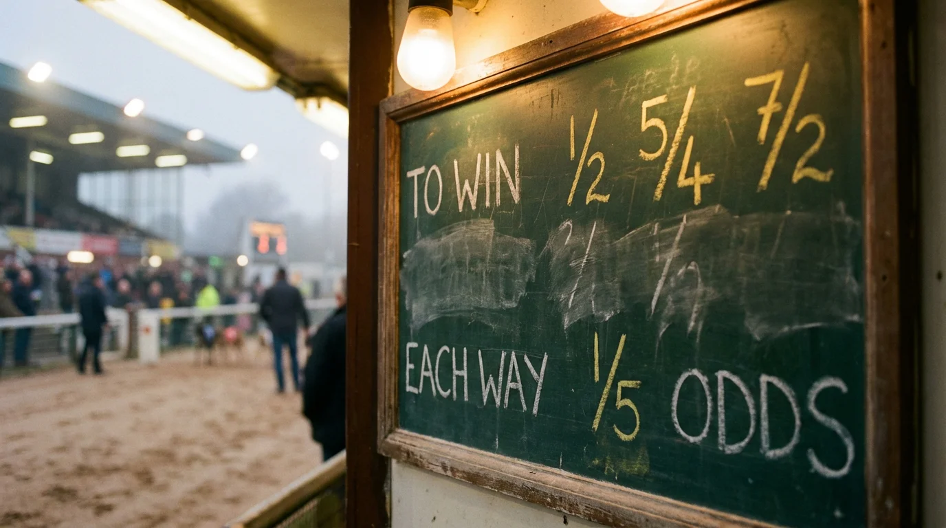 Bookmaker odds board showing greyhound racing prices