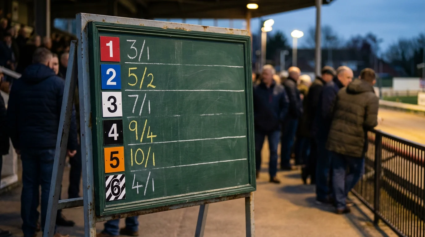 Greyhound racing odds — close-up of a bookmaker's odds board at a greyhound track