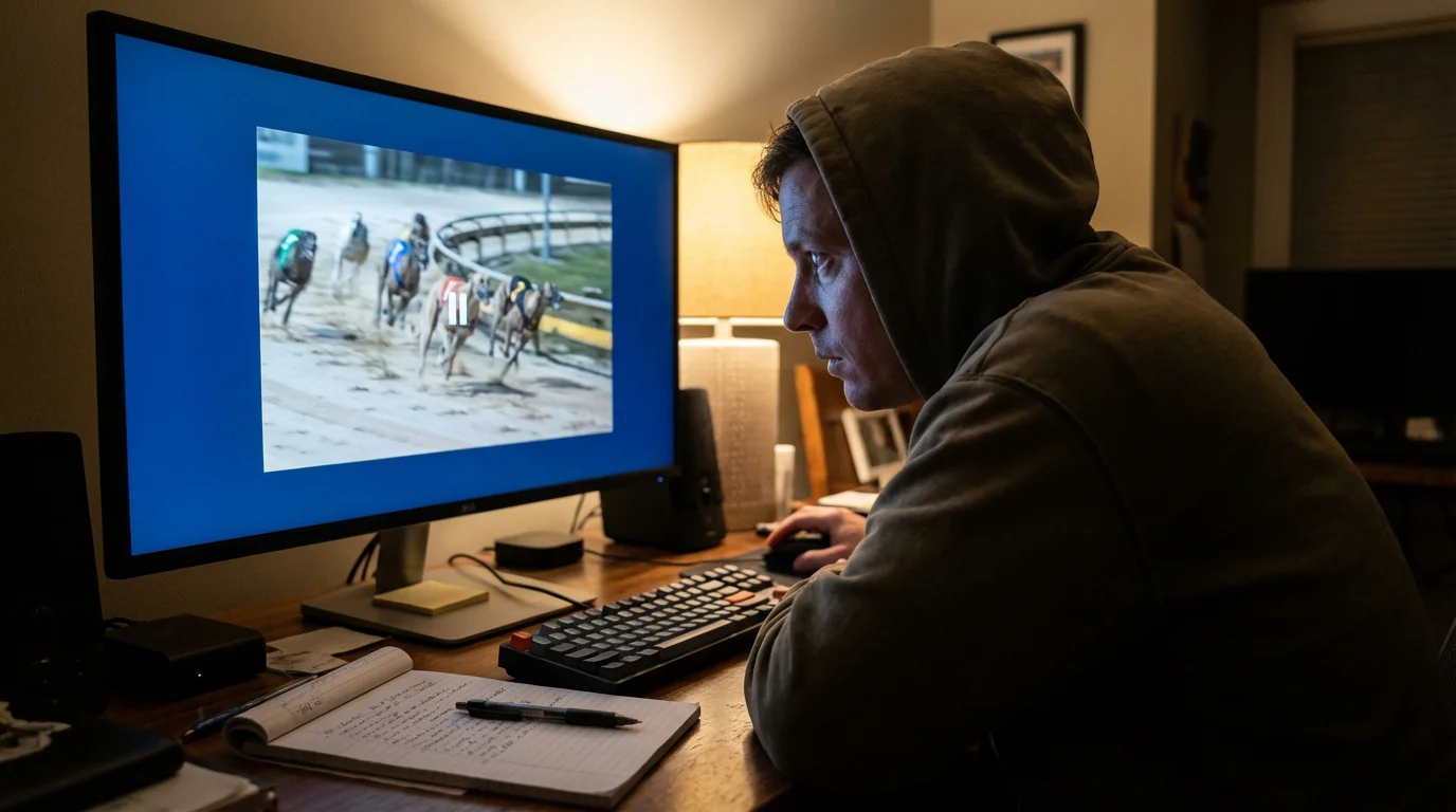 Person watching a greyhound race replay on a computer screen