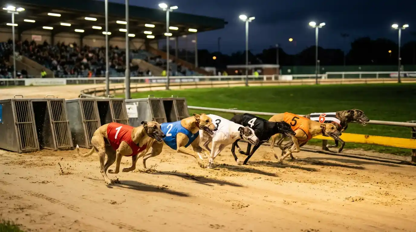 Greyhound racing at a UK track with six dogs sprinting from the traps
