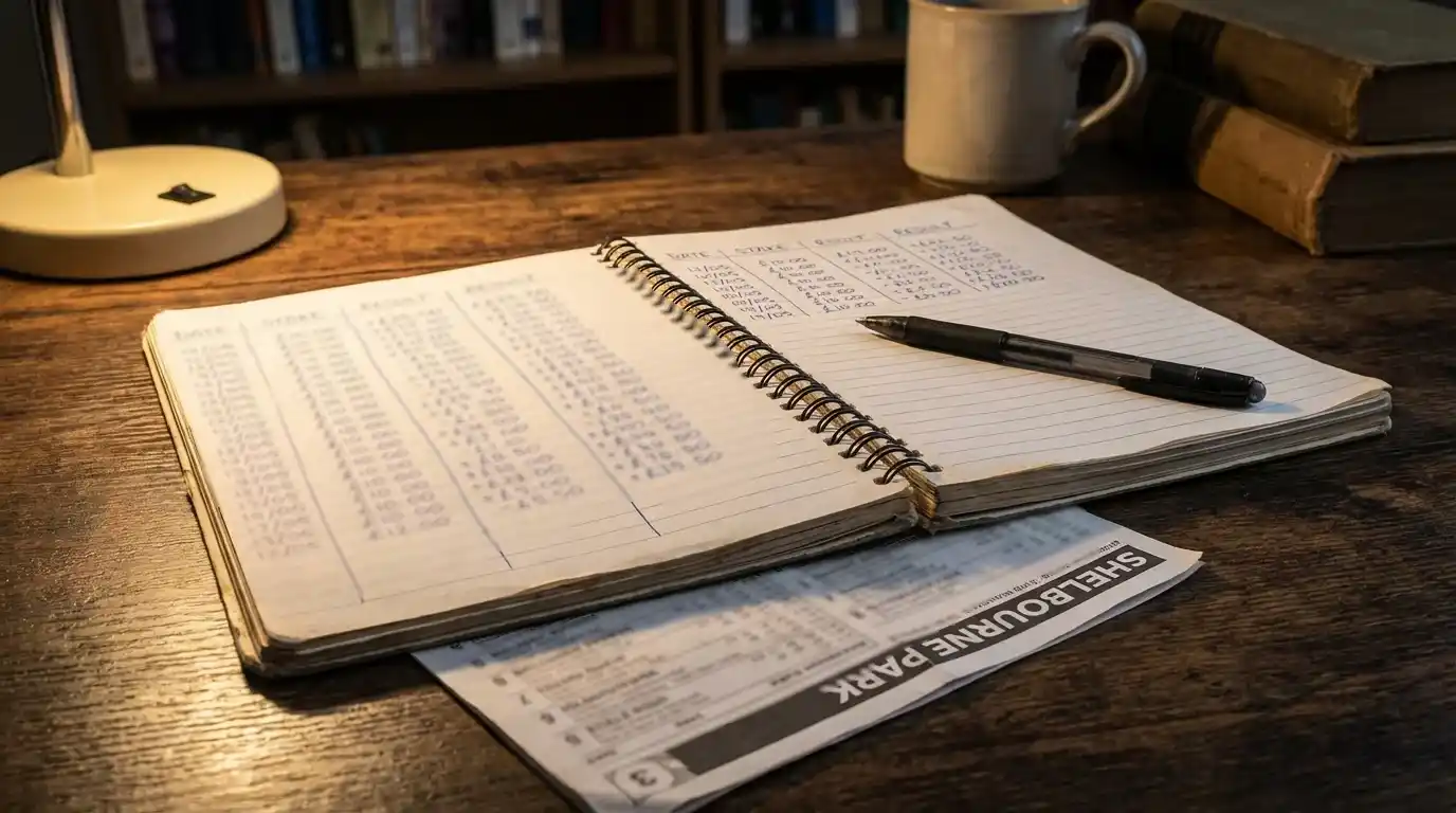 Notebook with staking calculations beside a greyhound racecard
