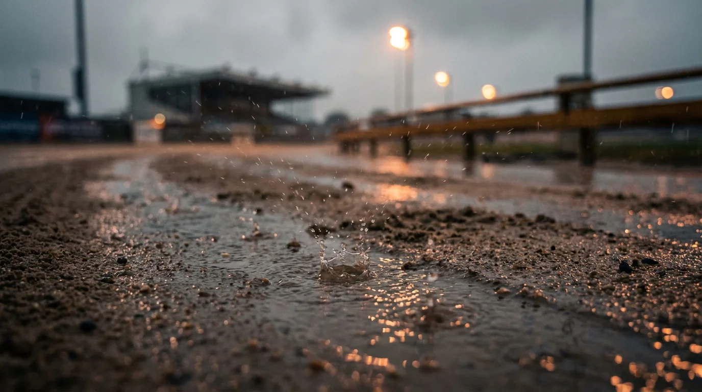 Rain falling on a sand greyhound racing track surface