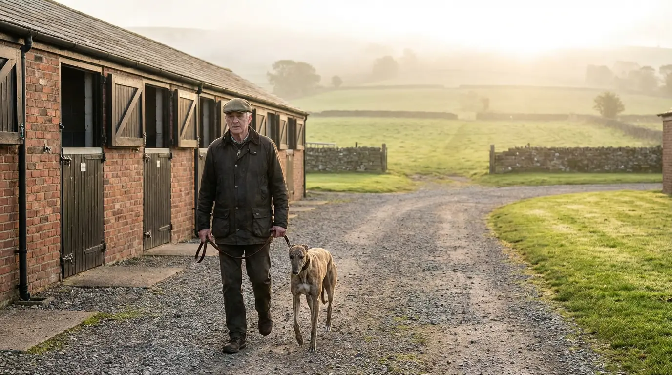 Greyhound trainer walking a racing dog at a UK kennel