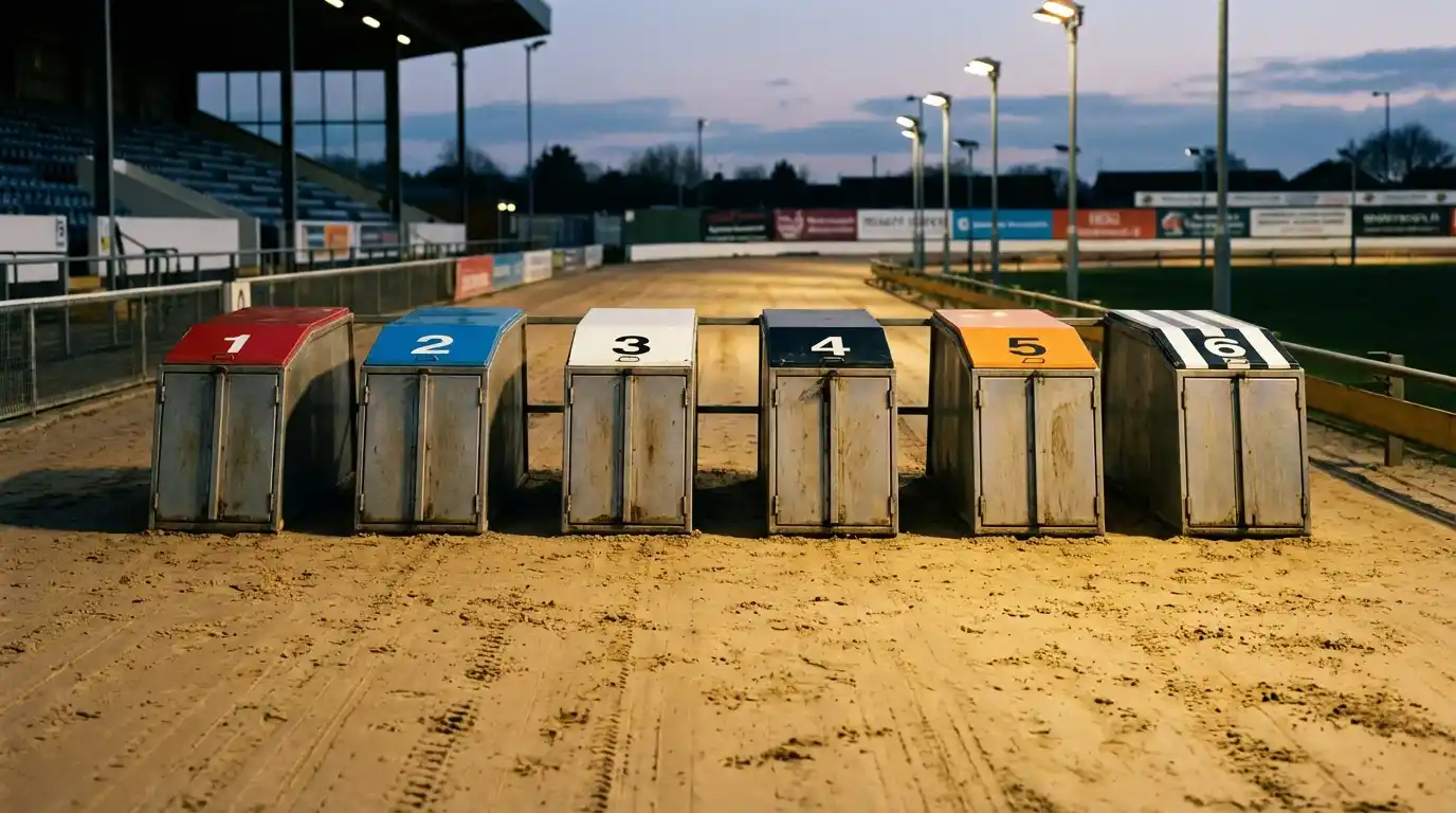 Six greyhound racing traps with coloured lids at a UK track