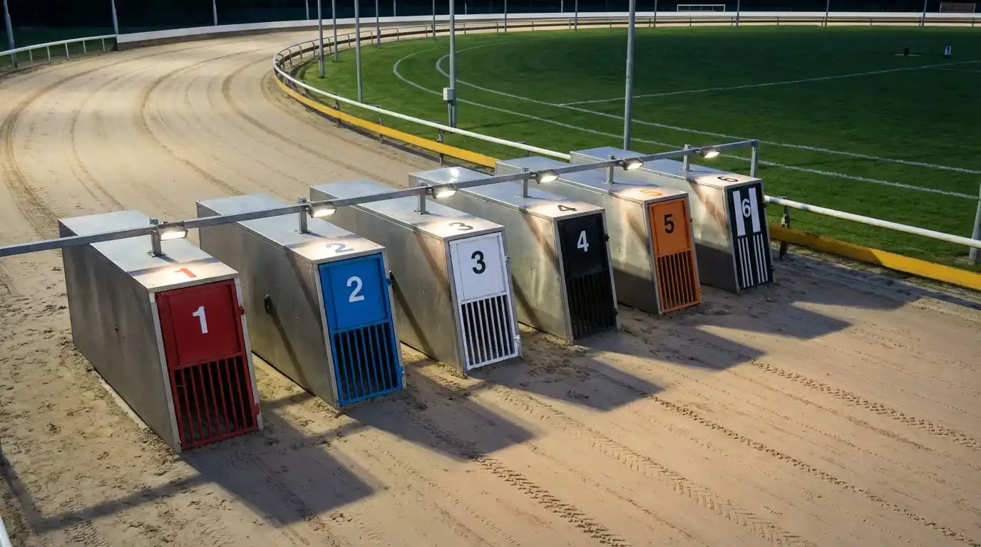Six greyhound starting traps numbered one to six at a UK racing track
