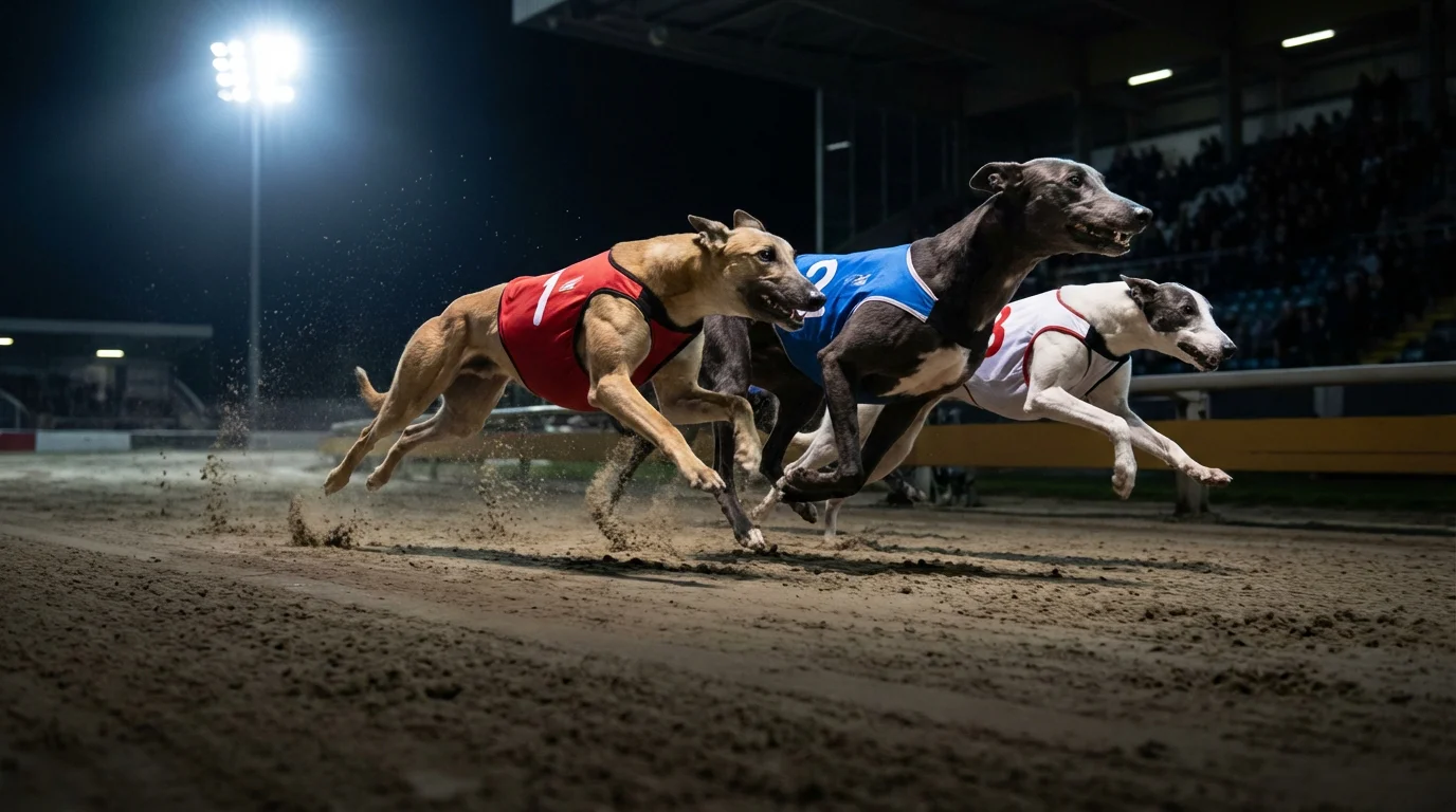 Three greyhounds racing side by side towards the finish line