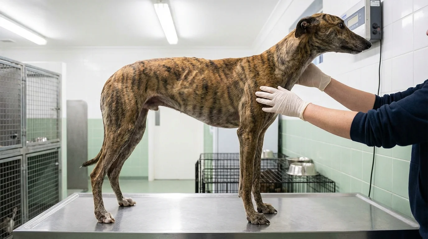 Greyhound being weighed on a scale before a race
