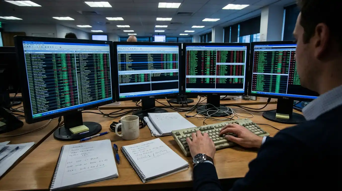 Bookmaker trader reviewing greyhound racing odds on multiple screens