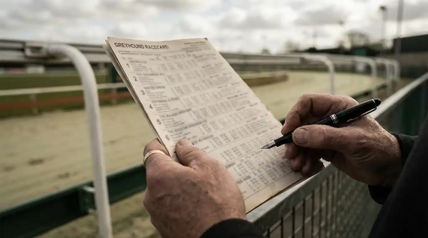 How to read greyhound form — punter studying a printed racecard with a pen
