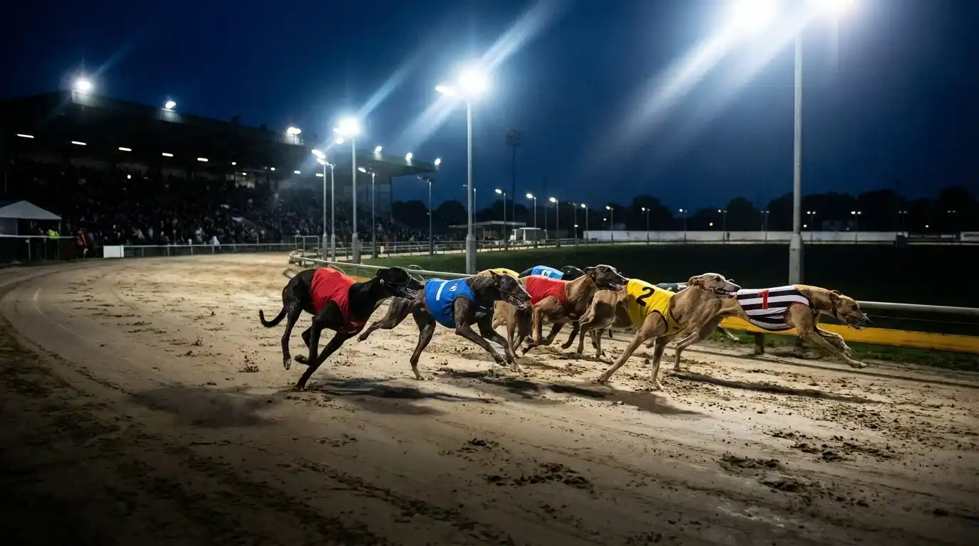 Greyhound race in progress under floodlights at an evening meeting