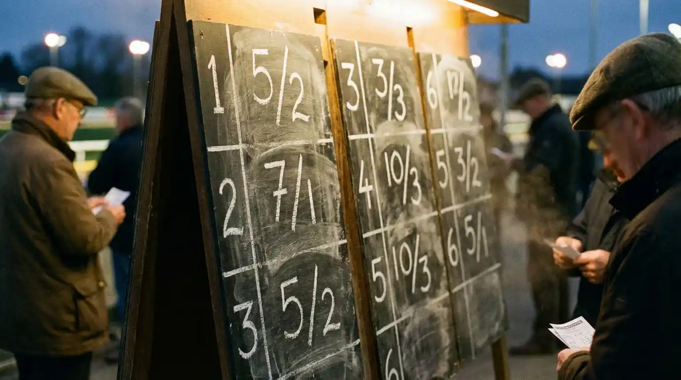 Bookmaker board displaying starting prices at a greyhound meeting
