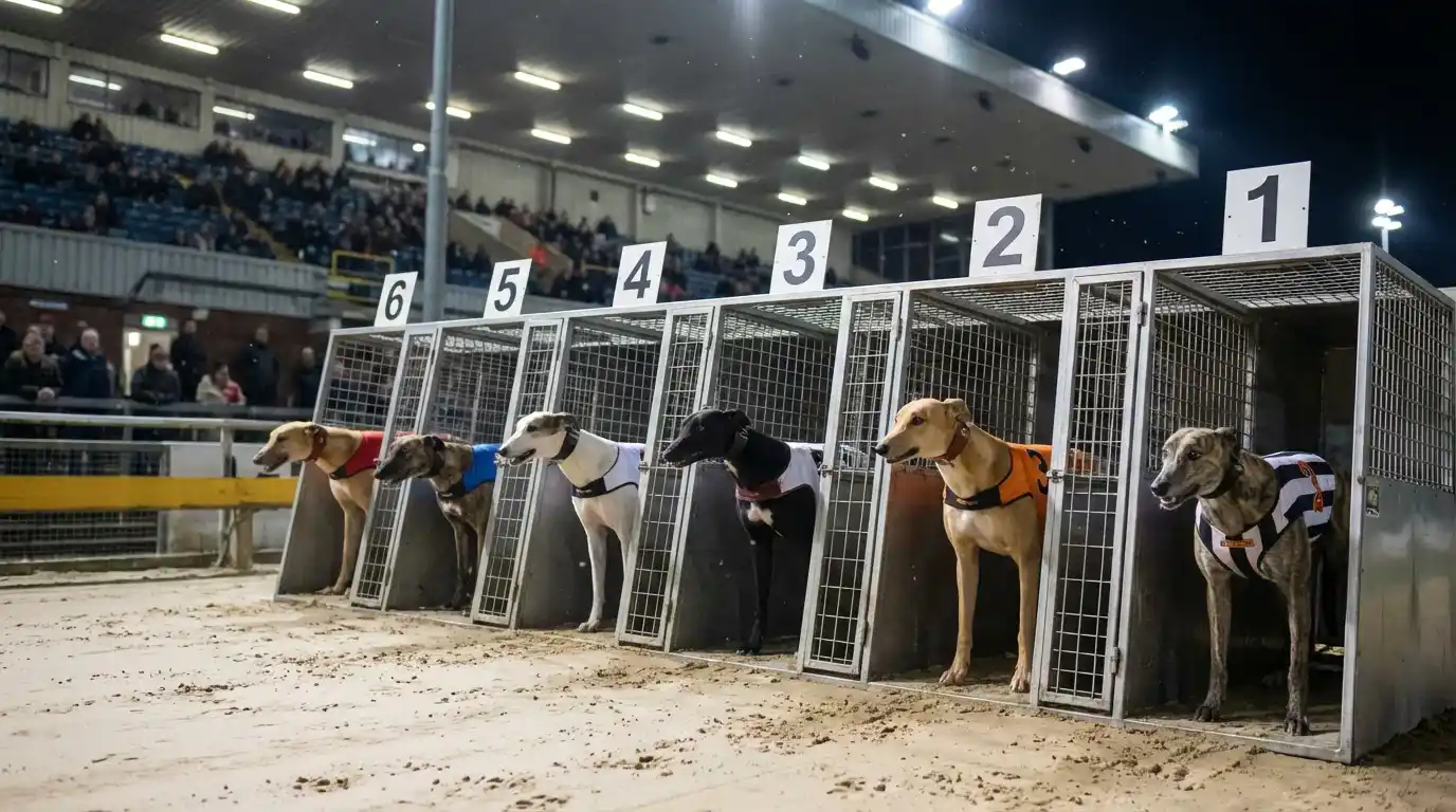 Greyhounds lined up in traps before a graded race at a UK stadium