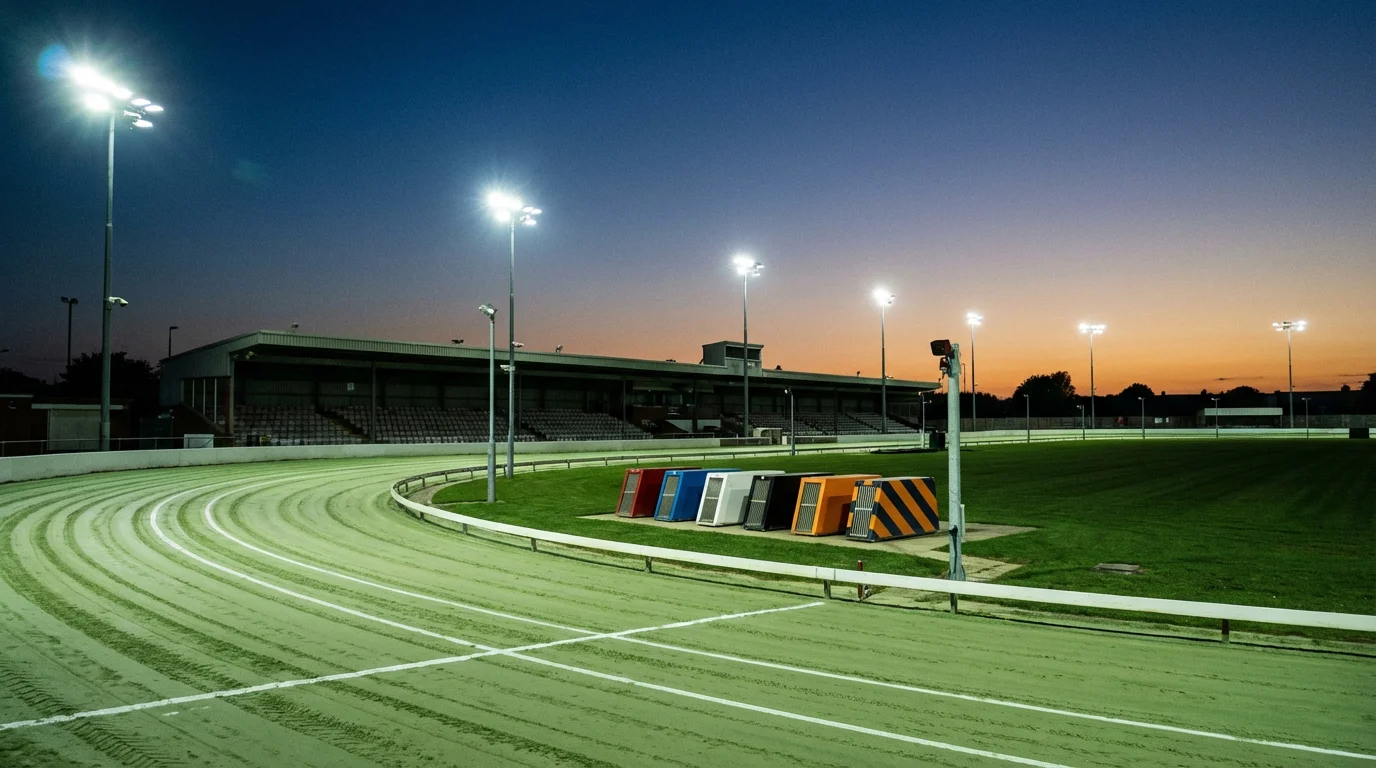 UK greyhound tracks — wide view of a floodlit greyhound racing stadium at night